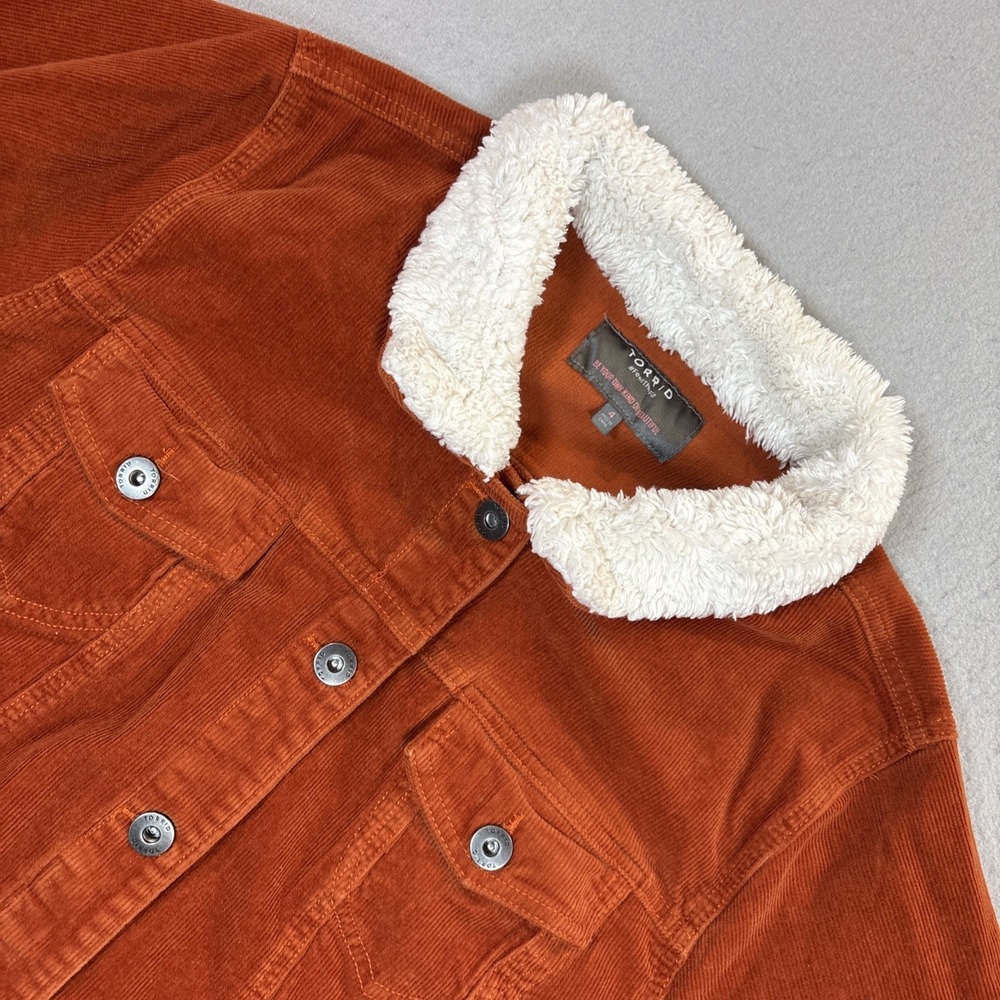 Torrid Burnt Orange Corduroy Trucker Jacket Women 4 Sherpa Collar Button Front‎